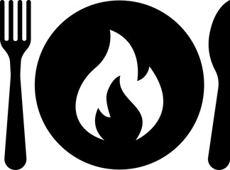 Vector spicy food icon, plate and cutlery with fire flat icon. Spicy food and culinary solid icon. Fiery cuisine, hot dishes. Symbol and sign illustration design flavor silhouette symbol