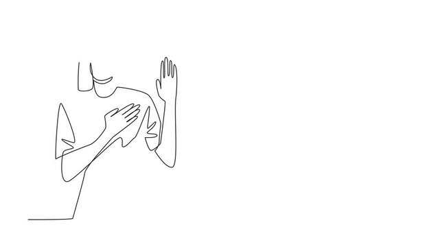 Self drawing animation of continuous one line drawing woman in casual clothes posing oath gesture. Not looking for justification but indeed trustworthy. National Honesty Day. Full length animated