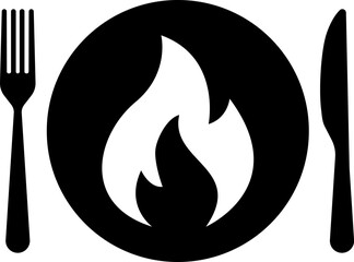 Vector spicy food icon, plate and cutlery with fire flat icon. Spicy food and culinary solid icon. Fiery cuisine, hot dishes. Symbol and sign illustration design flavor silhouette symbol
