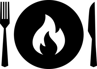Vector spicy food icon, plate and cutlery with fire flat icon. Spicy food and culinary solid icon. Fiery cuisine, hot dishes. Symbol and sign illustration design flavor silhouette symbol