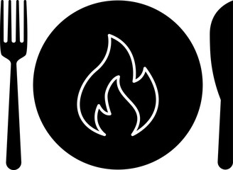 Vector spicy food icon, plate and cutlery with fire flat icon. Spicy food and culinary solid icon. Fiery cuisine, hot dishes. Symbol and sign illustration design flavor silhouette symbol
