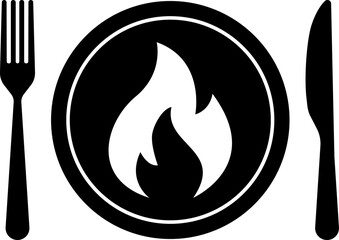 Vector spicy food icon, plate and cutlery with fire flat icon. Spicy food and culinary solid icon. Fiery cuisine, hot dishes. Symbol and sign illustration design flavor silhouette symbol