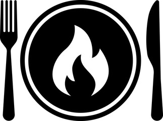 Vector spicy food icon, plate and cutlery with fire flat icon. Spicy food and culinary solid icon. Fiery cuisine, hot dishes. Symbol and sign illustration design flavor silhouette symbol