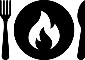 Vector spicy food icon, plate and cutlery with fire flat icon. Spicy food and culinary solid icon. Fiery cuisine, hot dishes. Symbol and sign illustration design flavor silhouette symbol