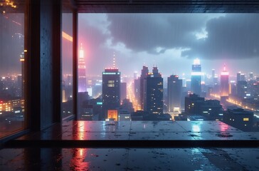 Rain lashes a city at night, viewed from a minimalist, rain-streaked room.  Neon lights reflect on the wet floor.  A stormy sky looms overhead.