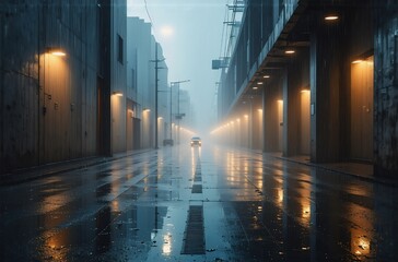 A car drives down a rain-slicked city street at night.  The fog and dim lights create an atmospheric, almost mysterious scene.  The wet asphalt reflects the lights.