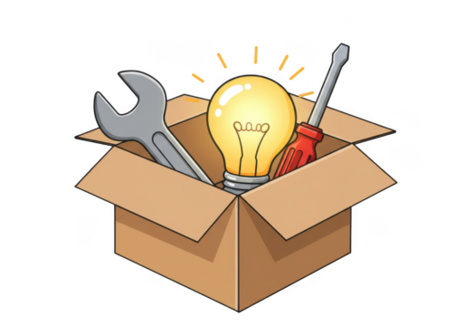 Cartoon box filled with a wrench screwdriver and glowing lightbulb
