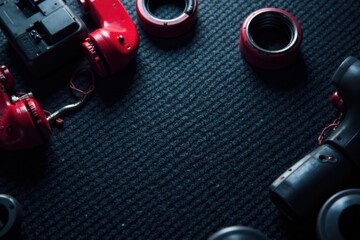 Dark background with sleek carbon fiber texture design featuring futuristic car parts, machine, dark