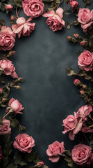 Pink roses background, pink roses frame, pink roses border.