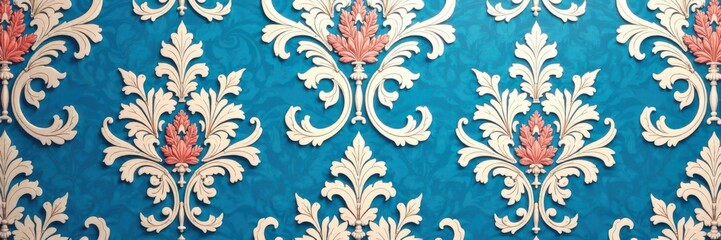 Damask pattern featuring intricate floral motifs on a muted blue background, fabric inspired, floral pattern, vintage wallpaper