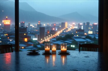 Fototapeta premium Rainy evening. Three candles glow on a table overlooking a city lightscape nestled in a valley, mountains in the background, seen from a large window.
