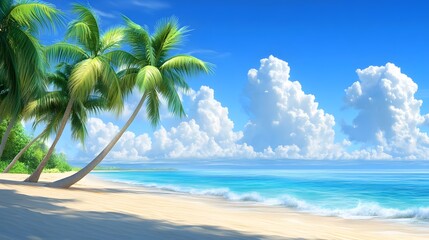 Fototapeta premium Serene Beach Scene with Swaying Palm Trees and Clear Blue Sky
