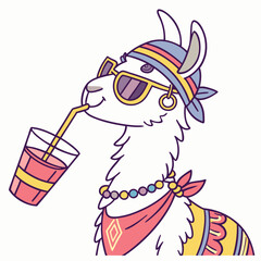 Cartoon Llama with Colorful Bandana Sunglasses Necklace Drinking Juice - Fun Summer Animal Vector Illustration