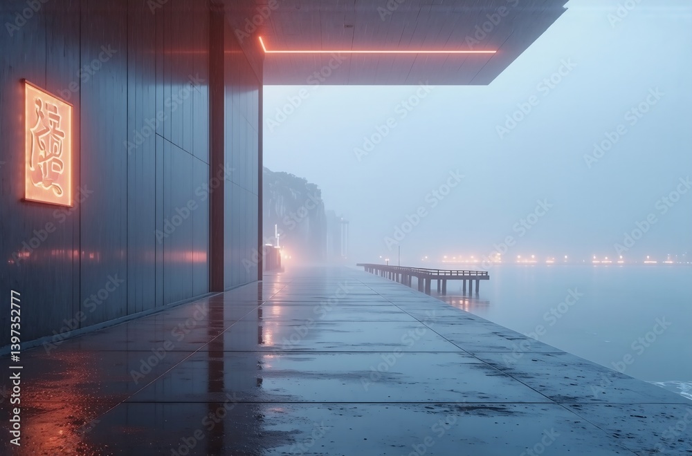 Aufkleber a futuristic waterfront scene shrouded in mist. orange neon lights illuminate a sleek building and a