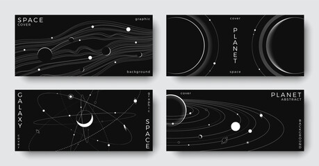 Set of abstract space horizontal backgrounds. Line art galaxy, universe, planet, solar system. Science future concept. Astronomy minimalist design for cover, poster, layout, banner, flyer, brochure © Anastasiya Stoma