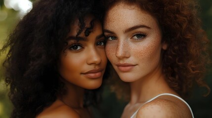Fototapeta premium Two Diverse Women with Curly Hair and Freckles in Soft Lighting