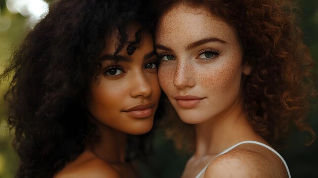 Two Diverse Women with Curly Hair and Freckles in Soft Lighting