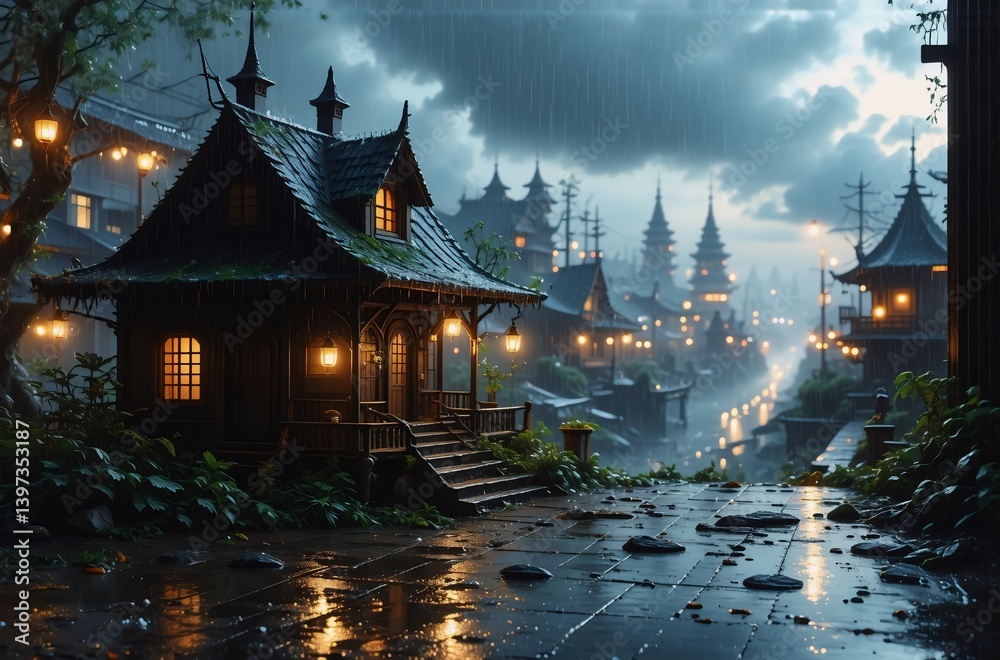Poster a quaint, rain-swept village nestled in a lush, dark forest. lanterns illuminate cobblestone streets
