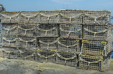 Stacked lobster traps, Gloucester, Cape Ann, Massachusetts, New England, USA, North America