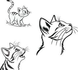 Funny cartoon cats and dogs set with cute kittens in black outline design