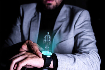 Businessman using smartwatch with hologram of a person projected above