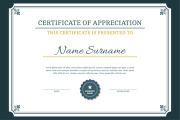Vintage achievement certificate template vector, professional design in blue	