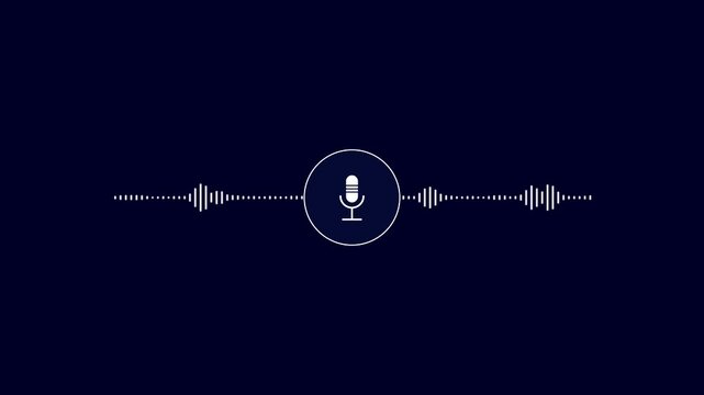 A microphone icon with white animated equalizer. Animation for video podcast, broadcast, radio, intro or opener. Music or sound vizualization with sound wave,   frequency in the dark blue background.