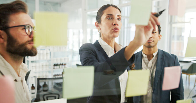 Writing, ideas and woman with sticky notes, colleagues and planning for financial growth and company. Reminder, banker and info for potential investment, mature person and collaboration in business