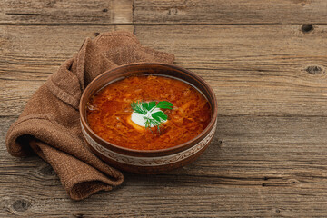 Traditional Ukrainian borscht. Hot dish, national red soup, served in classic style.