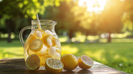 Pitcher of lemonade with ice on a wooden table at a picnic in the park on a sunny summer day. Copy space. 