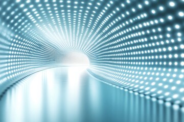 A futuristic light tunnel illuminated by glowing blue dots creates an energetic atmosphere