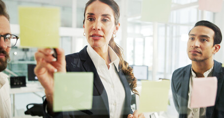 Discussion, writing and woman with sticky notes, colleagues and planning for financial growth and...