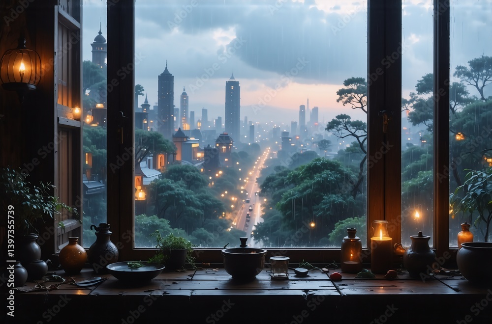 Poster A rain-swept cityscape viewed from a rustic window at dusk.  Candles illuminate a weathered sill adorned with pottery and plants.  The scene evokes tranquility and mystery.