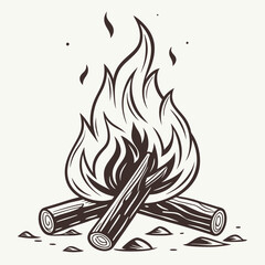 Black and White Campfire Vector Art Detailed Bonfire Burning Logs Flames Smoke Camping Outdoors