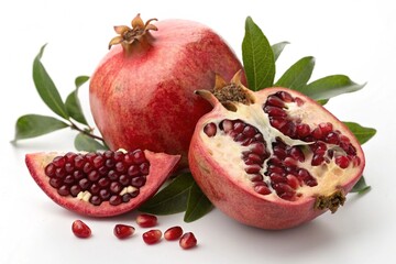 one whole and part of a pomegranate with pomegranate seeds and leaves isolated on white background