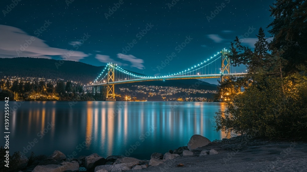 Poster a long exposure shot of a bridge at night, with light trails from passing vehicles creating a stunni