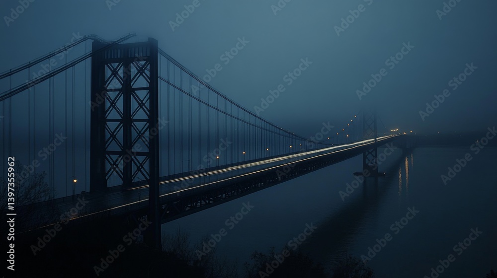 Poster a long exposure shot of a bridge at night, with light trails from passing vehicles creating a stunni
