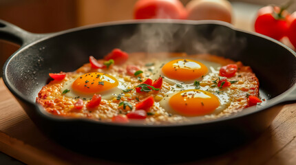 Fototapeta premium Rustic food photography series of eggs in tomato sauce and herbs, cooked in cast iron skillets, served with bread in Mediterranean style