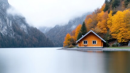 Lakeside cabin in autumnal mountains