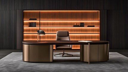 Modern Functional Workspace with Elegant Desk and Stylish Bookshelves