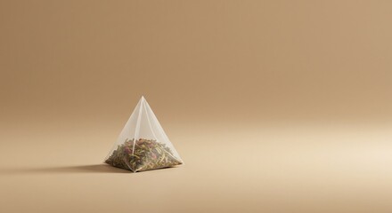 Herbal drink in triangular infuser as design element. Wellness lifestyle and natural beverage concept for advertisement. Herbal tea in pyramid shaped filter for good morning.