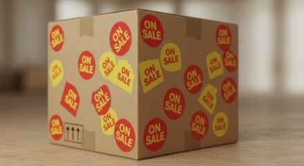 A Cardboard Box Covered in On Sale Stickers: A Visual Representation of Discount and Retail Sales