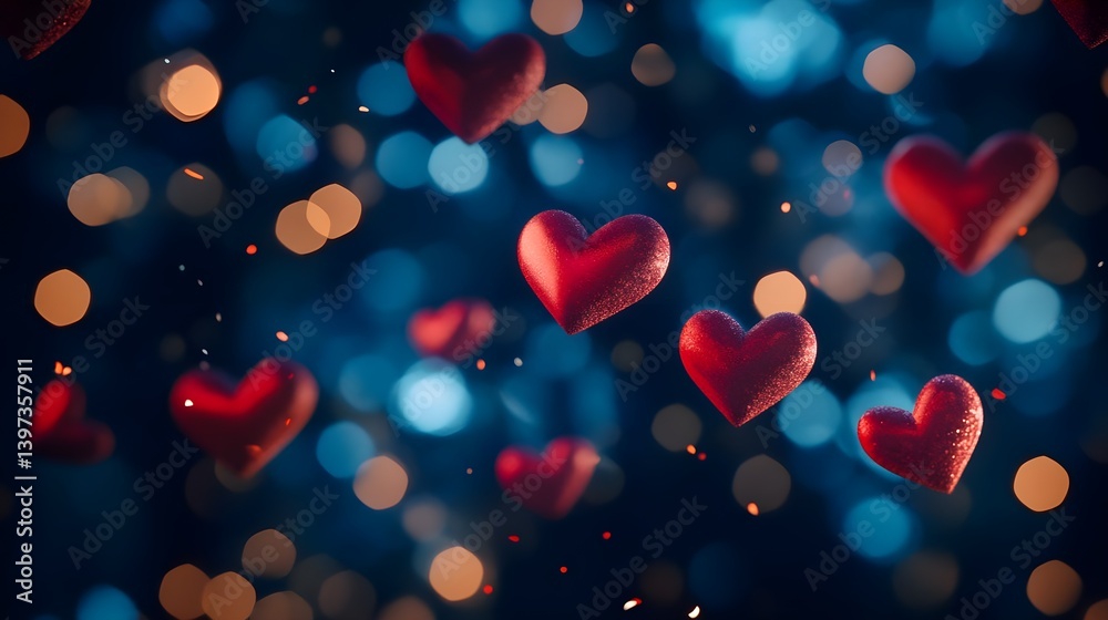 Canvas Prints red hearts flying in a dreamy background of soft bokeh lights