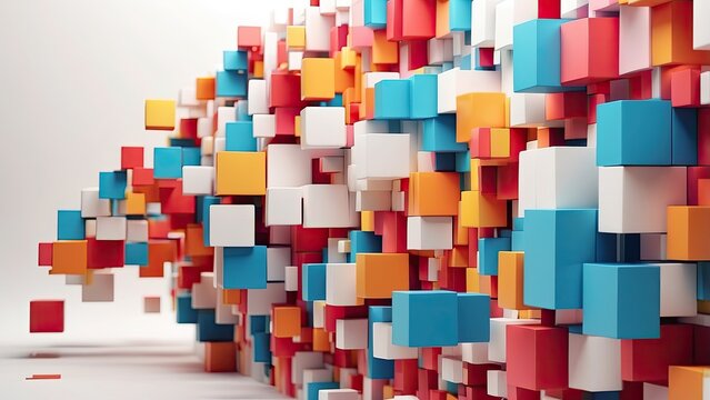 A collection of 3D cubes in various colors including blue