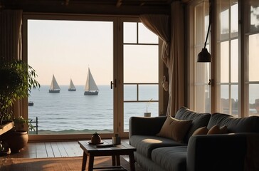 Fototapeta premium Serene coastal living room. Large windows offer breathtaking ocean views of sailboats at sunset. Warm, inviting atmosphere with wooden floors and comfortable seating.