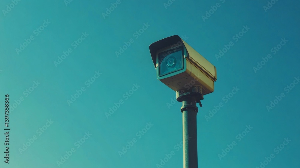 Poster a minimalist shot of a single cctv camera mounted on a pole, capturing the details of the camera and