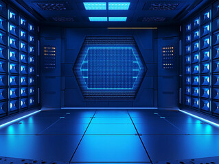 Futuristic Blue Digital Chamber: Glowing Hexagon and Panel Walls