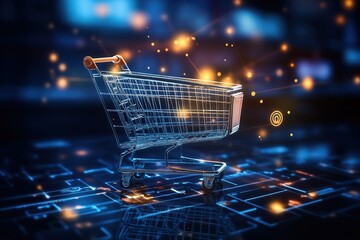 Ecommerce and business concept highlighted with a shopping cart illustration set against a dynamic background