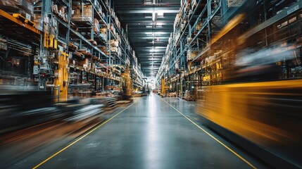 Obraz premium Long Exposure of Fast Moving Carts in Warehouse Aisle