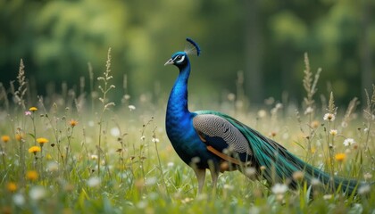 Obraz premium Majestic Indian Peacock in Vibrant Wildflower Meadow